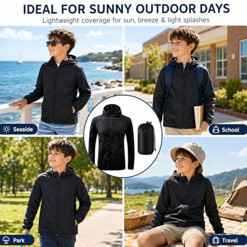 Kids Waterproof Jacket – Lightweight Packable Raincoat for Boys & Girls, UPF 50+ Sun Protection with Carry Pouch – Ideal for Hiking, Camping & School (UK, Age, 6 Years, 7 Years, Regular, Black) — view 2