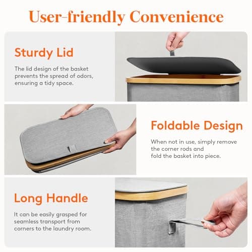 Lifewit 75L Slim Laundry Basket with Lid, Narrow, Removable Bag, Grey — view 5
