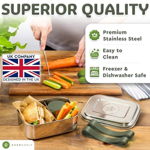 Everusely - Bento Box - Sage, 47oz / 1.4 L - Large Stainless Steel Lunch Box with Leakproof Condiment Container - 3 Compartment Snack Container Office Meals - Freezer & Dishwasher Safe — view 3