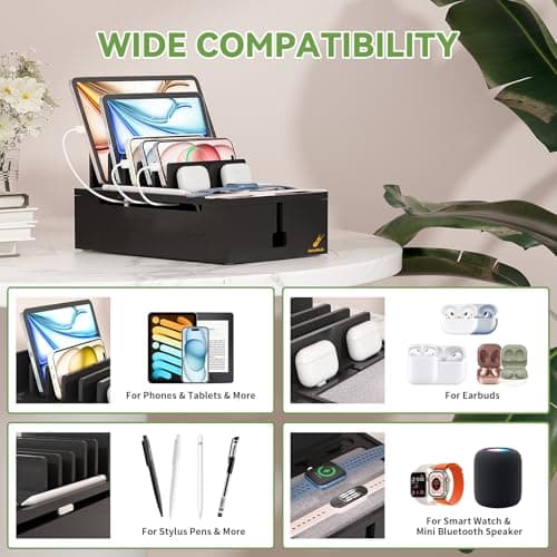 Pezin & Hulin Bamboo Charging Station for Multiple Devices, USB Charger Dock Organizer, with Power Supply (10 Ports HUB), 6 Cables, Cable Management Organizer for Cell Phones, Tablets -Black — view 3