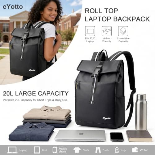 eYotto 15.6" Waterproof Laptop Backpack for Men and Women, Roll Top Design — view 5
