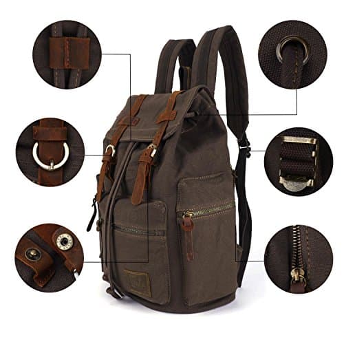 Vintage Unisex Casual Leather Backpack Canvas Rucksack Bookbag Satchel Hiking Backpack Travel Outdoor Shouder Bag (Brown) — view 3