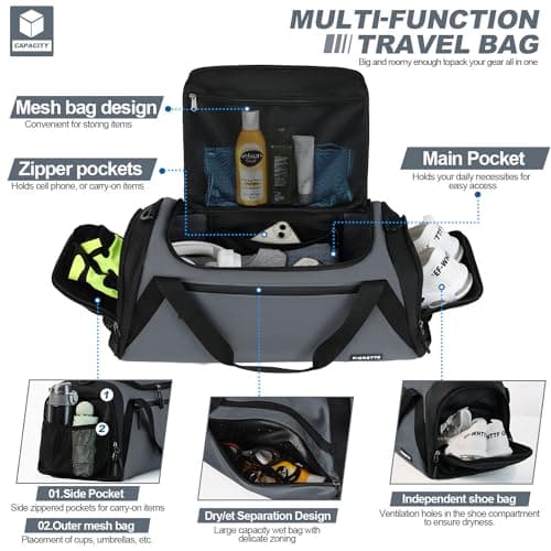 FIORETTO 45L Mens Sports Gym Bag with Wet Pocket & Shoe Compartment, Travel Duffle Bag Overnight Bag with Padded Shoulder Strap, Water-Resistant Holdall for Swimming, Basketball, Football Grey — view 3