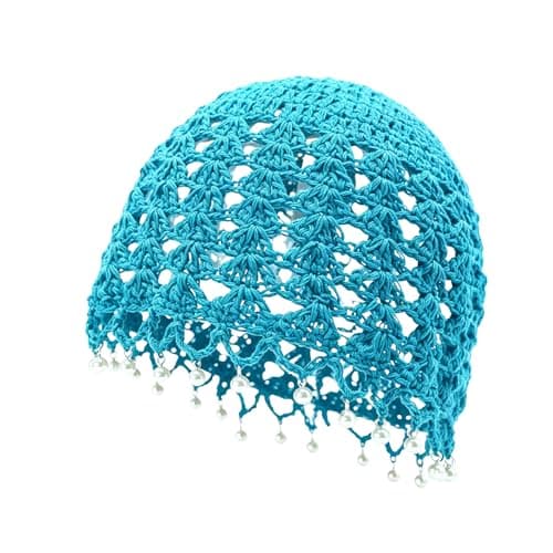 Julpsk Women's Lightweight Handmade Crochet Hat Boho Pearl Trim Beanie Cap for Beach Travel, Turquoise, One Size