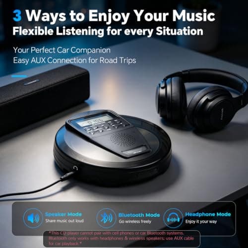 Portable CD Player with Bluetooth and Speaker, 10H Playtime Rechargeable personal CD Player, HiFi Stereo Sound, 60s Anti-Skip Protection, PROG Playback & EQ Modes, Headphones and AUX Cable Included — view 6