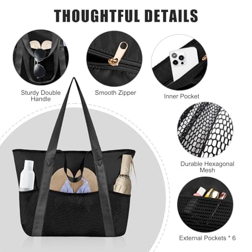 flintronic Large Beach Tote Bag, Waterproof Mesh Beach Bag, Pool Bag with Zip and Pockets for Swimming Pool, Holiday, Travel, Gym, Shopping (Black) — view 4