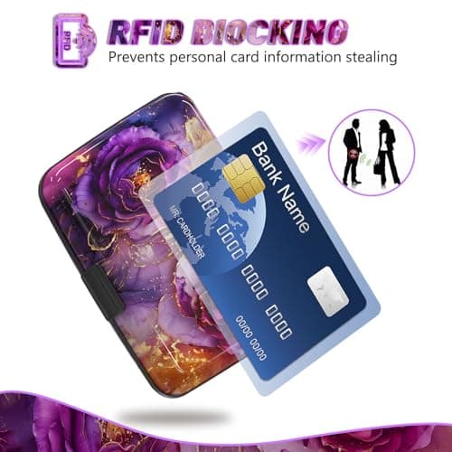 Credit Card Holder, Mini RFID Small Aluminum Card Wallet, Blocking Slim Metal Business Card Case, RFID Blocking Front Pocket Wallet Hard Case Durable CC Holder for Women Girl, Purple Marble Flower — view 2