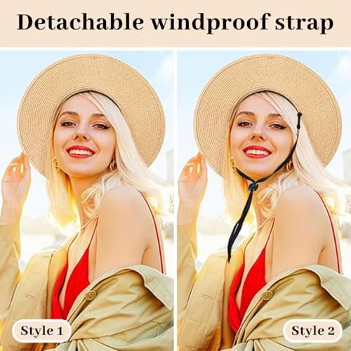 BelleVive Beach Sun Hats for Women, Wide Brim Straw Hat for Women, Summer Hat with Roll-Up Wind Band, Foldable Beach Hat with UV Protection, SPF 50+, Adjustable Strap, Holiday — view 4