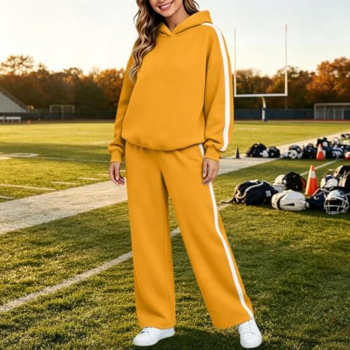 Womens Yellow 2 Piece Outfit Pullover Hoodie and Wide Leg Trousers — view 5