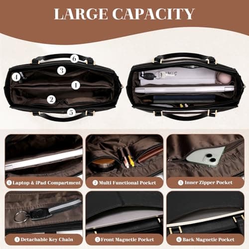 RAINSMORE Handbag for Women Large Laptop Tote Bag 14 Inch Waterproof PU Leather School Ladies Handbag with Zipper Pocket Work Shoulder Bags for Shopping Office Travel Business — view 4