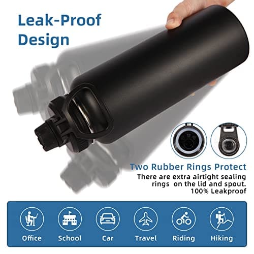Volhoply 1200ml Insulated Water Bottles Paracord Handle, Stainless Steel Sports Bottle with Spout Lid, Double Walled Travel Water Cups with Wide Mouth, Reusable Water jug for Adults (Black, 1 Set) — view 6
