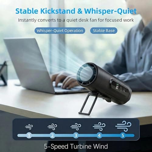 LUCYLANKER Portable Handheld Fan with Cooling Plate, 3-in-1 Mini Rechargeable Fan, 5 Speeds, LED Display, USB-C, Belt Clip, Fold-Out Stand and LED Light for Travel, Office, Camping (Black) — view 5