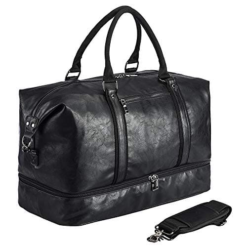 Travel Bag with Shoe Pouch,Weekender Overnight Bag Waterproof PU Leather Large Carry On Bag Travel Tote Duffel Bag for Men or Women,Black