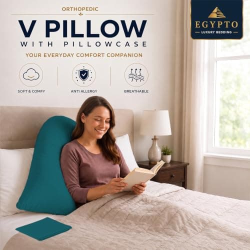 EGYPTO Orthopaedic V Pillow with Pillowcase | Anti-Allergy V Shaped Pillows for Neck & Back | Ideal for Pregnancy, Nursing & Recovery Triangle Pillow (Teal) — view 2