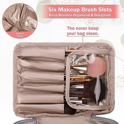 Travel Makeup Bag [with Brushes Holder & Detachable Pouch] Cosmetic Bag Large Capacity Waterproof Makeup Case Storage Organiser for Women & Girls (Grey) — view 3