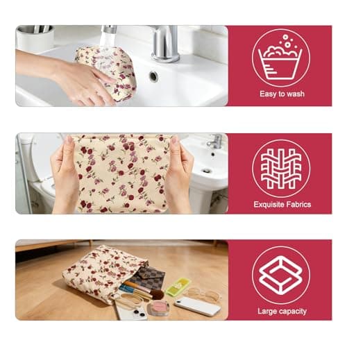 Travel Makeup Bag, 2Pcs Rose Flower Printing Corduroy Toiletry Bag, Large Capacity Floral Toiletry Bags Floral Makeup Bags for Ladies and Girls(Red/Beige) — view 4