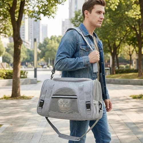Cat Carrier - Portable Soft Sided Pets Dog Travel Carriers with Water Bowl, Portable Foldable Cat Bag with Cozy Mat & Shoulder Strap Multi-Entrance Mesh Window for Small-Medium Cats Dogs Puppies, Grey — view 6