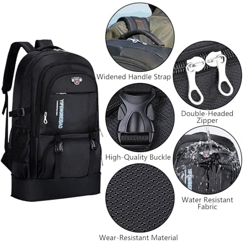 Wesoke 65L Hiking Backpack Expandable Travel Hiking Daypacks, Large Camping Backpack for Men Women, Foldable Lightweight Outdoor Sport Backpacking Backpack for Climbing Touringr, Black — view 3