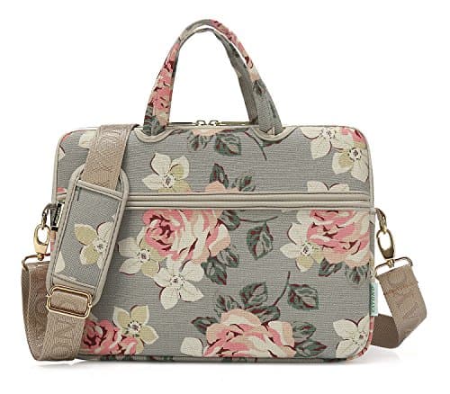 kayond Gray Rose Patten Canvas Laptop Shoulder Messenger Bag Case Sleeve for 14 Inch Laptop and Macbook Pro A1707 (14-14.1 inch, Gray Rose)