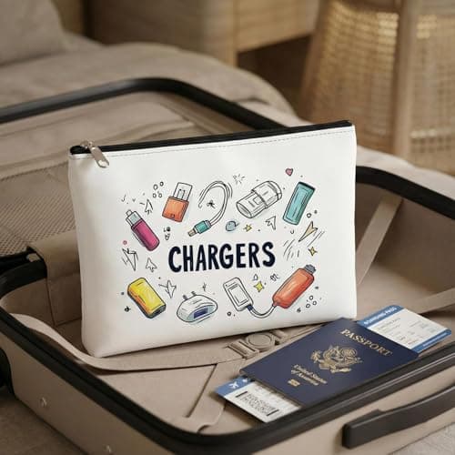Charger Bag for Travel, White Synthetic Leather Zip Cable Organiser — view 3