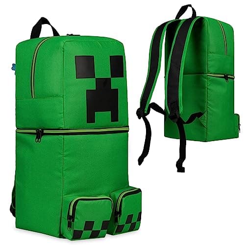 Minecraft Children’s Backpacks for Boys Creeper Rucksack School Bag with Zipped Pockets Adjustable Straps Kids Backpack Travel Sports Gamer Gifts for Boys (Green 3D, 46x21x18.5cm)