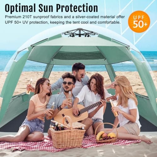 WhiteFang Deluxe XXL Pop Up Beach Tent Sun Shade Shelter for 5-6 Person, UV Protection, Extendable Floor with 3 Ventilating Windows Plus Carrying Bag, Stakes, and Guy Lines (Mint Green) — view 3