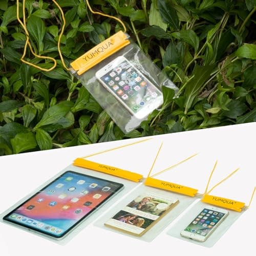 YUMQUA Clear Waterproof Bags 5 Pack Set, Watertight Pouch Holder for Document Map Camera Mobile Phone Tablet, fits Kayaking Boating Hiking Beach Water Sports, Yellow — view 6