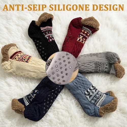 JiaYouLC Fluffy Slipper Socks for Women Men Winter Fleece Lined Thermal Non Slip Indoor Home Knitted Warm Bed Socks (UK, Alpha, XL, Regular, Regular, Red) — view 6