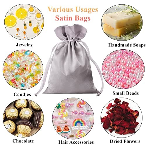 Gbateri 35 Pack 5X7 Inch Silver Satin Gift Bags With Drawstring - Small Jewelry Pouches for Wedding Favors, Christmas, Baby Shower Party - Silk Jewellery Packing — view 5
