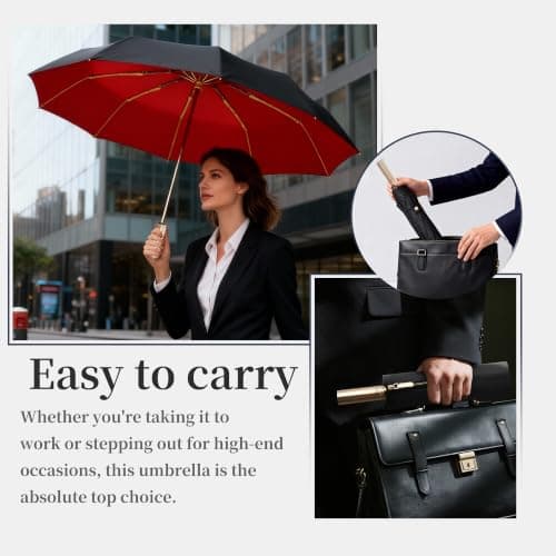 erised's bifrost Large Business Travel Folding Golf Umbrella,Auto Open/Close,Luxurious Gold Handle,Zipper Sleeve,Rain/Sun,Portable,Compact,UV Protection,UPF50+, 10 Ribs, Women/Men,Backpack/Car — view 6