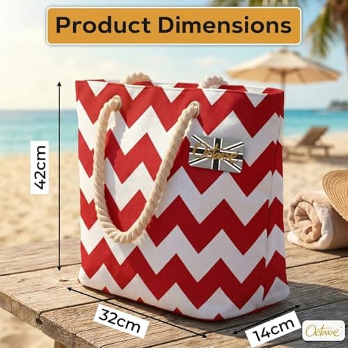 Octave Summer Beach Bag For Women – Ombre Two Tone Cotton Canvas Drawstring Tote Bag, Large Lightweight Holiday Shoulder Shopper, One Size (Red & White) — view 4