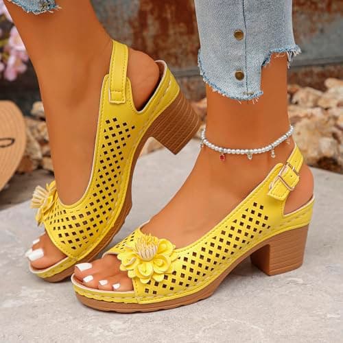 Generisch Sandals Women's Comfortable Casual Shoes Open Toe Hollow Flower Wedge Heel Slippers Sandals, yellow, 6 UK — view 2