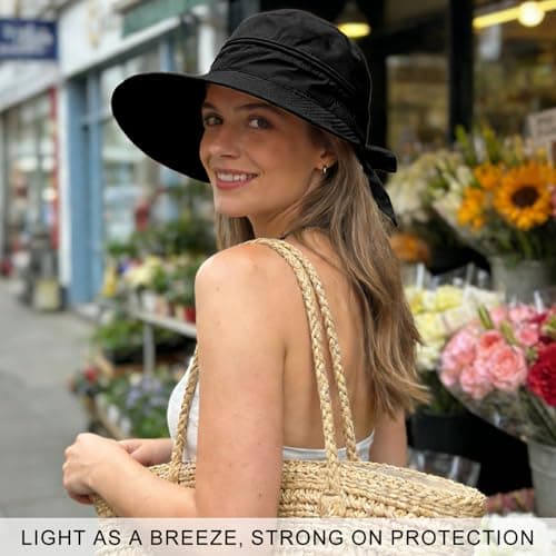 ADUDVLO Sun Hats for Women UK, Stylish UPF 50+ 2-in-1 Detachable Top & Adjustable Visor, Foldable Packable Wide Brim Beach Hat for Travel & Outdoor (Black) — view 6