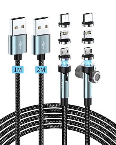 Kuulaa Magnetic Charging Cable 2 Pack (1M+2M) 360°& 180° 3-in-1 Data Transfer Charger Cable 3A USB C for iPhone/Samsung/Micro USB Devices