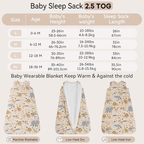 Unnivoll Baby Sleeping Bag 2.5 Tog 0-6 Months 100% Cotton Winter Sleeping Bag Baby 2-Way Zipper Quilted Sleep Sack for Newbron Infant Warm Soft Apricot Zebra — view 5