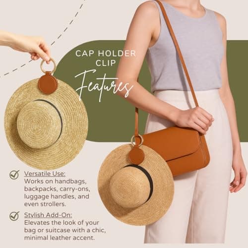 GALAXY BEAUTY Magnetic Hat Clip for Bag Travel (Brown) - Hands Free Hat Holder Clip for Backpack, Luggage, Purse - Leather Cap Clip with Gold Carabiner Key Ring — view 4