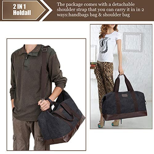 Canvas Mens Holdall,Travel Duffel Bag Overnight Weekend Bag Travel Totes Bags(Black) — view 2