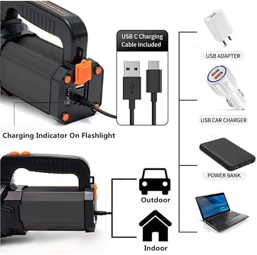 MAYTHANK Most Powerful Handheld Torch LED Super Bright USB C Rechargeable, Side Lantern/Long Range/Long Lasting/Handle/Strap, Large Spotlight Flashlight Heavy Duty High Power Strong Torch Home — view 5