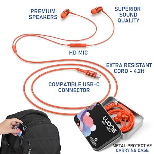 Ludos OMNITONE USB C Headphones, 5 Years Warranty, USB-C Earbuds for iPhone 16 15 Pro Max Plus Samsung Galaxy S24 S23 Ultra S22 S21 FE S20 Z Flip 3 Fold 4 A53 A54, USB Type C Earphones - Coral — view 3