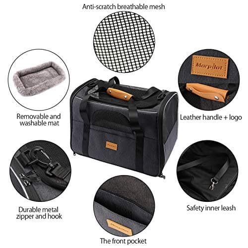 Morpilot Cat Carrier - Airline Approved, Top Opening Portable Dog Bag with Breathable Mesh/Removable Mat, Adjustable Shoulder Strap & Bowl, Foldable Travel Cage, M, Grey (Max 7kg) — view 3