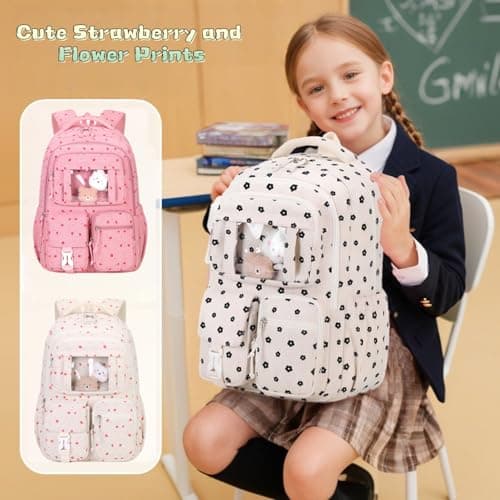 MITOWERMI Corduroy Backpack for Girls Teen School Bags for Elementary Middle School Students Kids Bookbags Girls Backpack Travel, Beige White — view 2