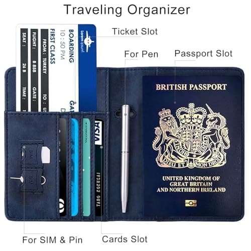 WALNEW Passport Holder, PU Leather Travel Passport Cover Wallet, RFID Passport Case with Card Holder, Travel Essentials for Women Men (Navy Blue) — view 4