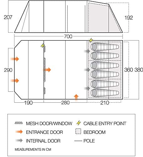 Vango Purbeck 600XL Family Tent [Amazon Exclusive], Large 6 Man Tent with 3 Rooms, Enclosed Porch Area, Double Living Area, Climate Windows - Vivid Grey — view 5