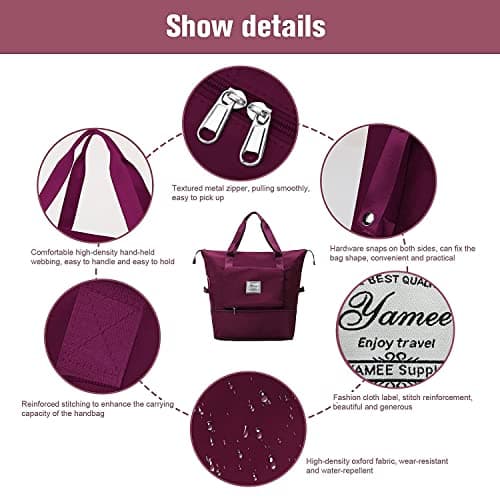 Large Capacity Folding Travel Bag - Lightweight Waterproof Carry On Luggage with Fixed Strap, Dry & Wet Separation - Foldable Travel Duffel for Sports & Gym (Wine Red) — view 5
