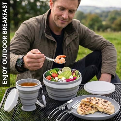 INVEAH Camping Plates and Bowls Set - 7 Pcs Foldable Travel Cutlery Utensils for Picnic Outdoor - Camping Mess Kit Include Stainless Steel Knife, Spoon, Fork Cutlery Set, Cup, Bowl, Plate with Bag — view 6