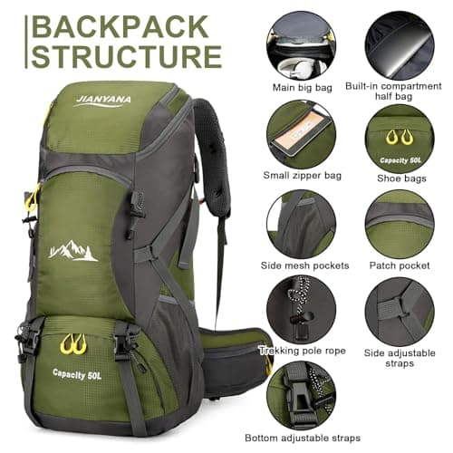 jianyana Hiking Backpack Waterproof 50L Foldable Rucksack Durable Lightweight Camping Bag with Rain Cover for Camping Trekking Hiking Walking Cycling Climbing Outdoor Sports for Women Men(ArmyGreen) — view 4