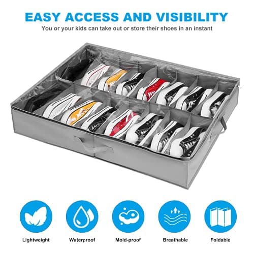 Under Bed Shoe Storage Organiser Set of 2, Fits 32 Pairs Total, Underbed Shoe Box/ Containers w/ Reinforced Handles, Clear Foldable Organiser Adjustable Dividers w/ Bottom Support Velcro — view 2