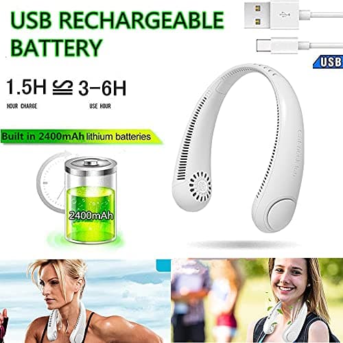 YUXUE Portable Neck Fan, USB Rechargeable Hands Free Bladeless Personal Mini Fans, 3 Speeds Adjustable, Wearable Cooling Fan for Traveling, Sports, Office, White — view 3