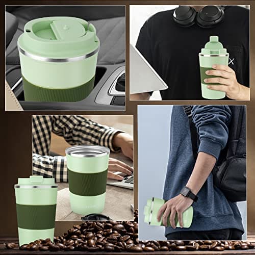 CS COSDDI Travel Mugs, Insulated Coffee Cup with Leakproof Lid - Reusable Coffee Cups Travel - Car Coffee Cup - Stainless Steel Coffee Mug for Hot and Cold Water and Tea (Olive Green, 380 ml) — view 6
