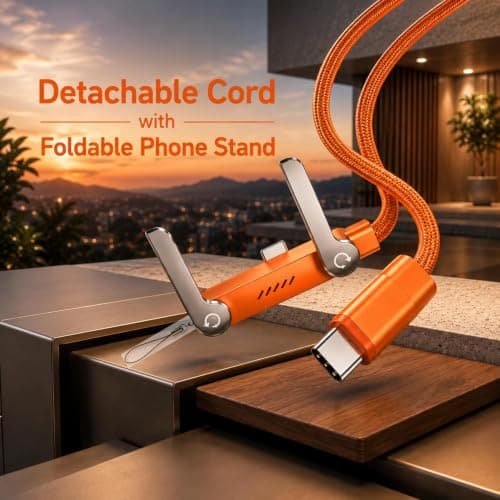 240W USB C to USB C Fast Charging Cable, 3-in-1 Detachable Braided Cord with USB C Converter & Foldable Phone Stand, Compatible with iPhone 16/15, Samsung Galaxy & USB-C Devices (Orange) — view 3